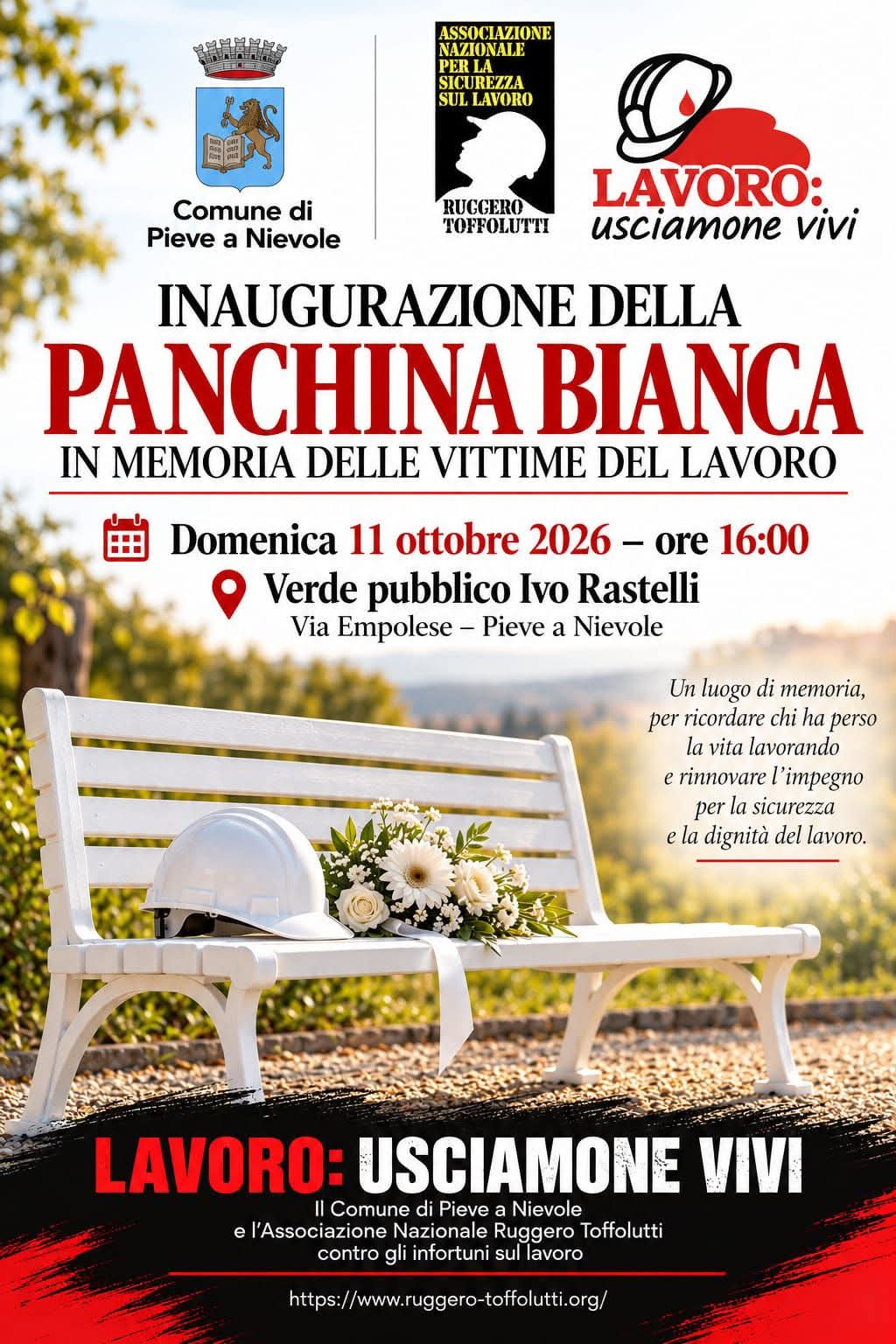 11 ottobre 2026: inaugurazione della Panchina Bianca in memoria delle vittime del lavoro